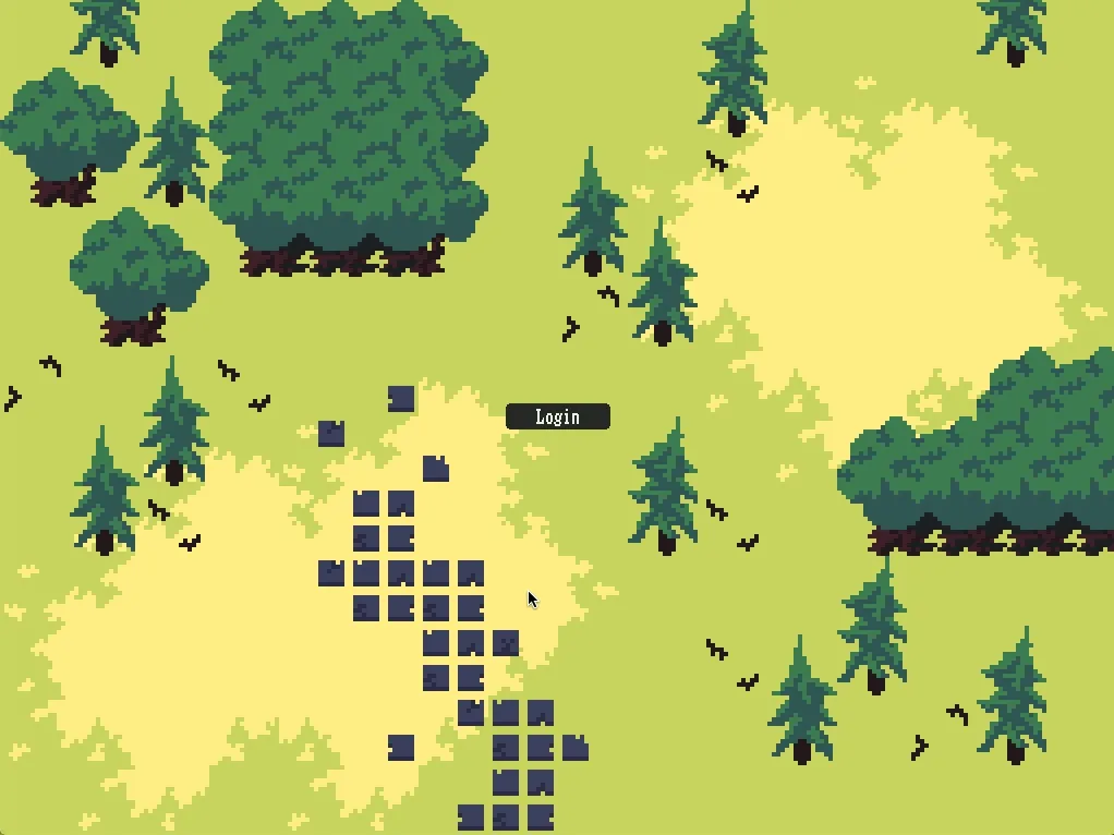 Arcane: a player logs in to a pixel-art meadow of trees and stone ruins, then greets the server in the chat window.
