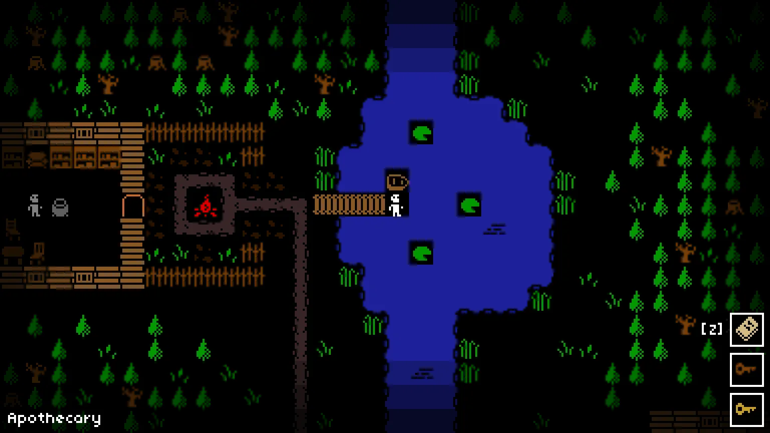 Cryptic: the player crossing a dock over a dark pond beside the apothecary’s cabin.