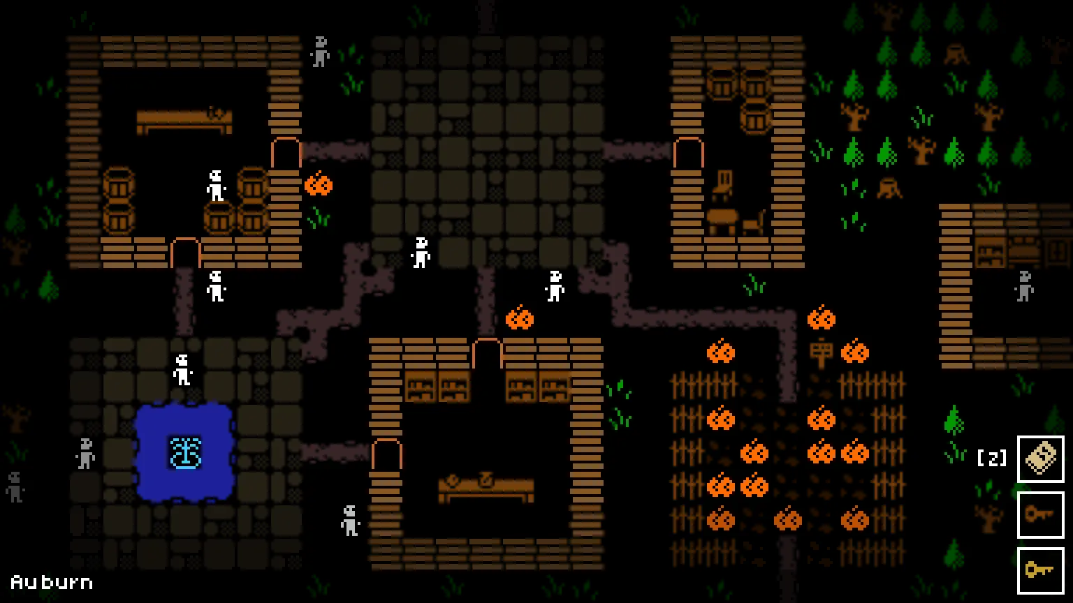 Cryptic: the town of Auburn at night, with villagers, cabins, a fountain, and a pumpkin patch.