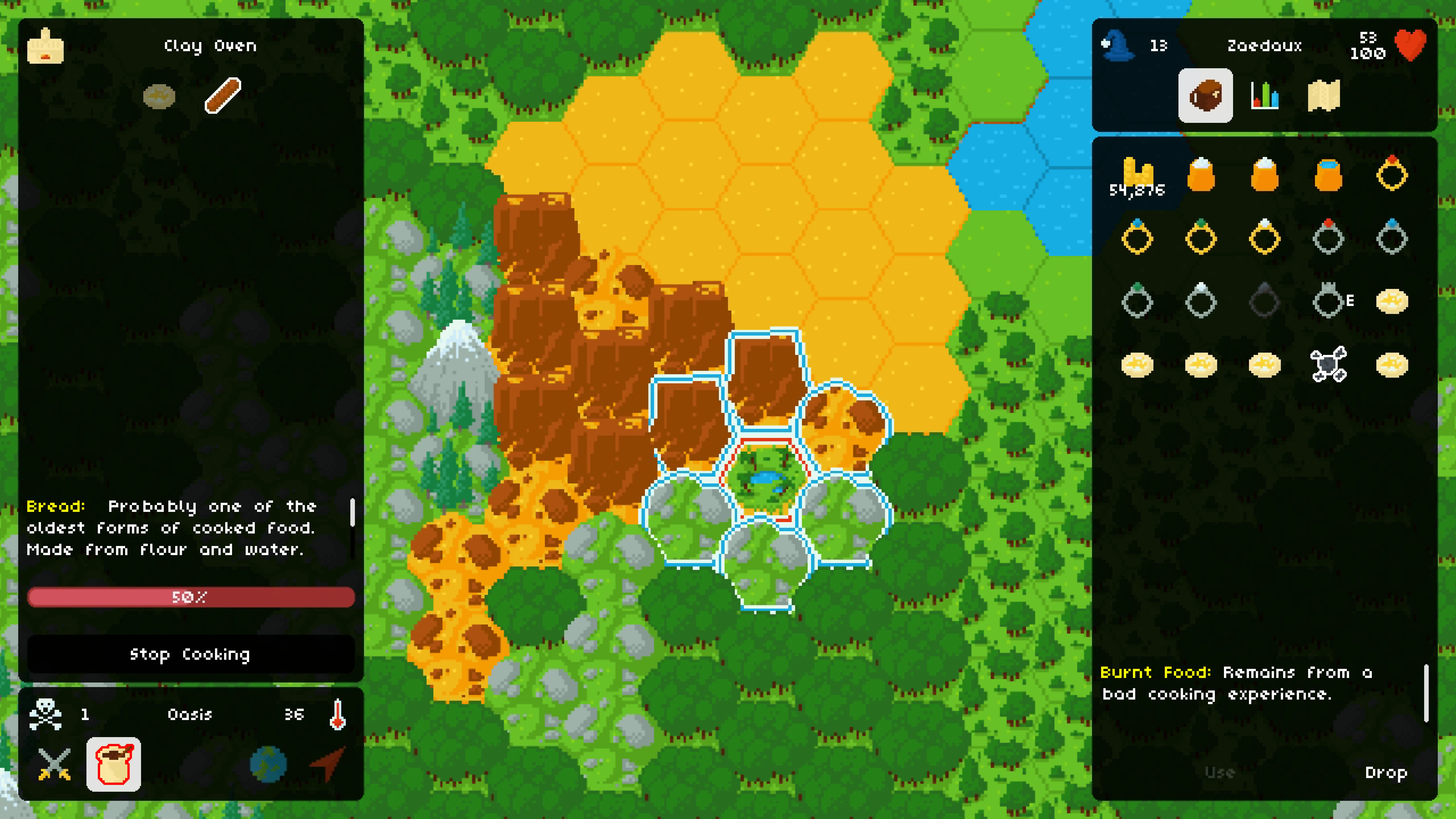 Firetale: a hex-tile overworld of forest, desert, and canyon, with a clay oven cooking panel and the player inventory open.