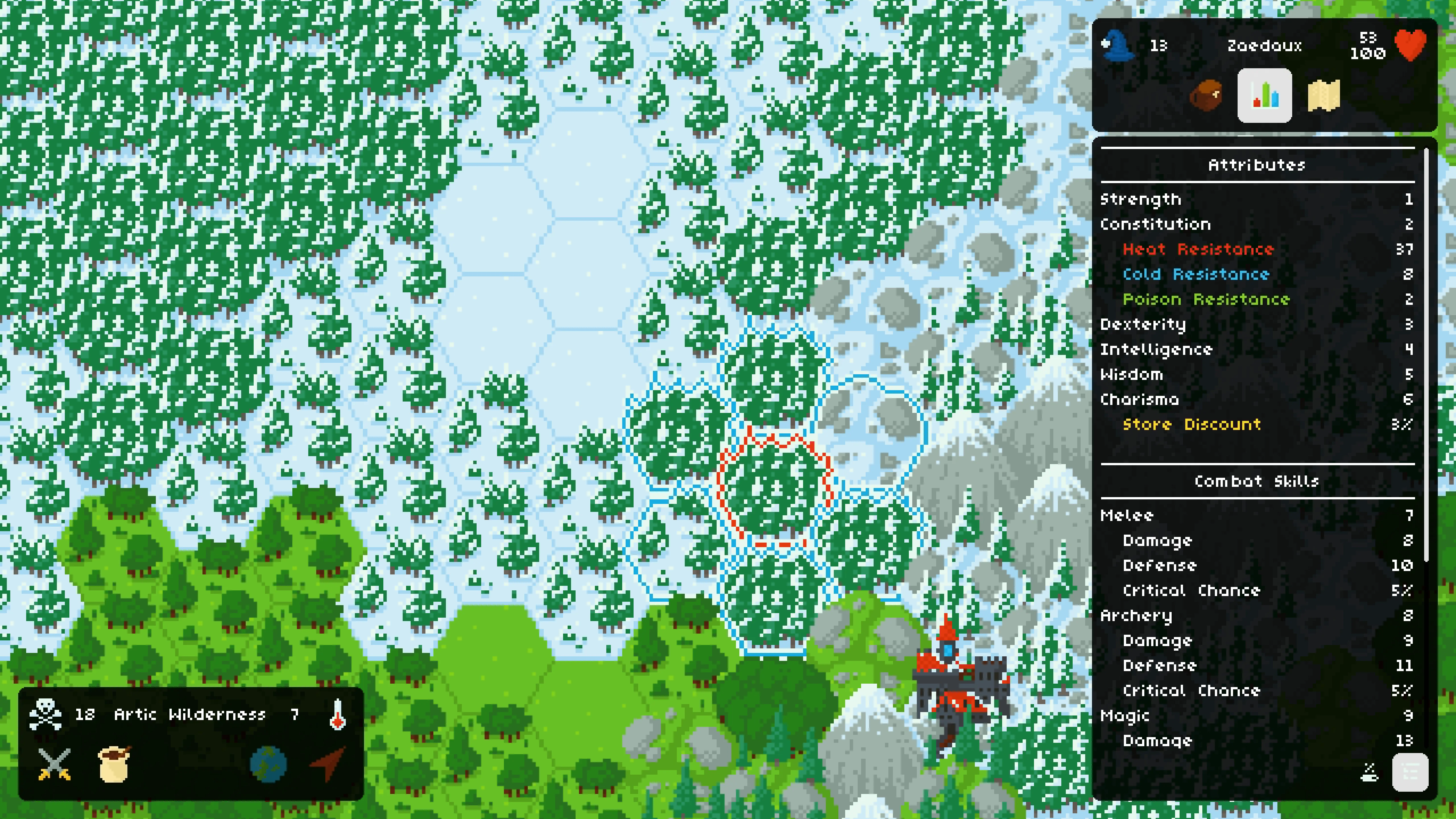 Firetale: a snowy hex-tile wilderness with the character attributes and combat skills panel open.