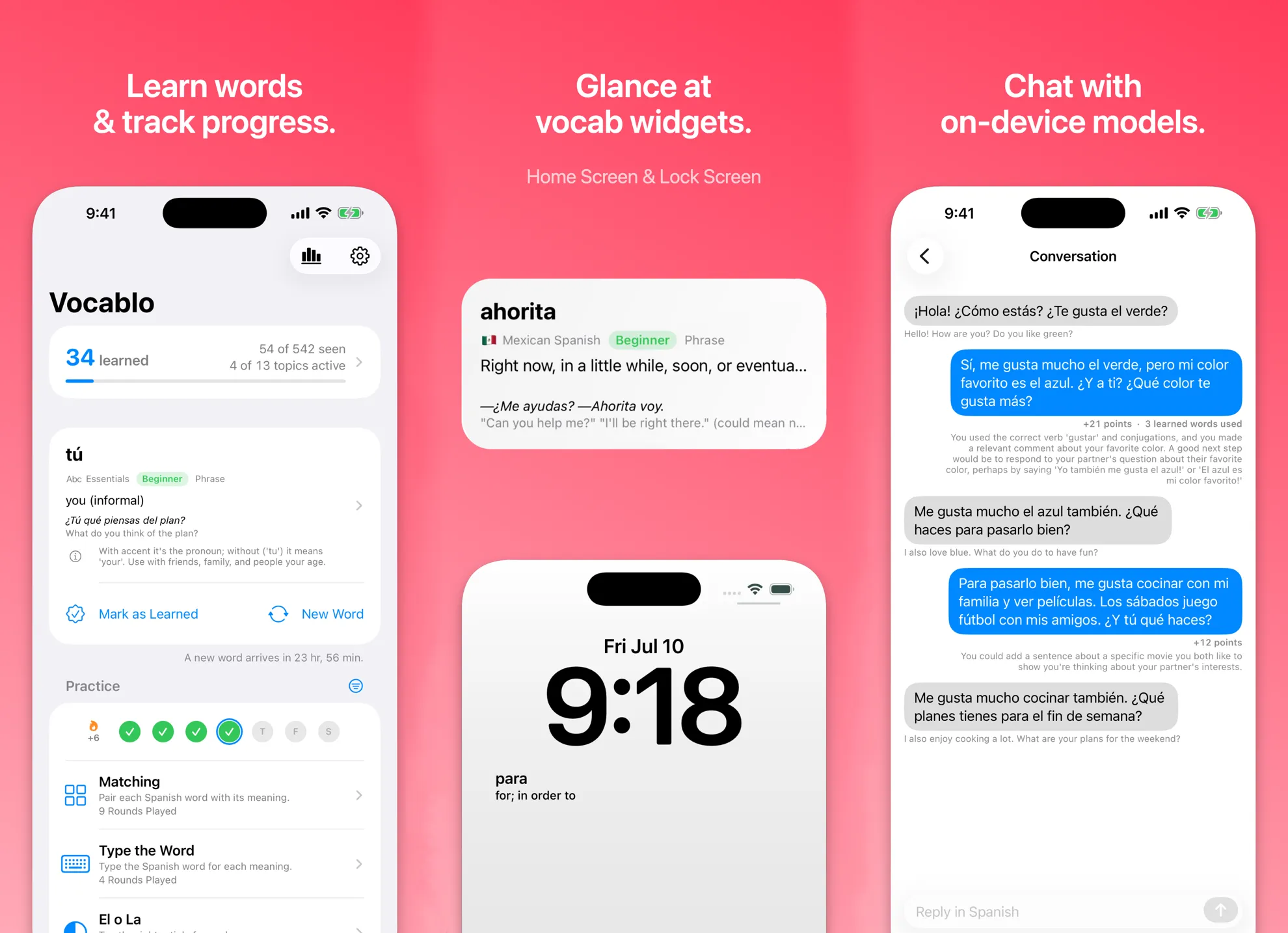 Vocablo on iPhone: the word list with progress tracking, vocabulary widgets on the Home Screen and Lock Screen, and a Spanish conversation with an on-device model.