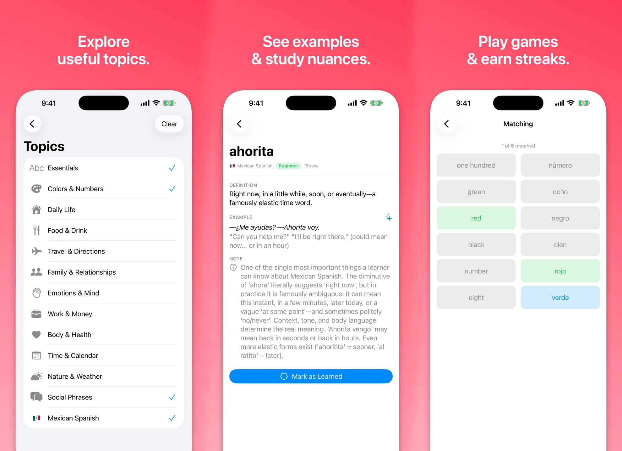 Vocablo on iPhone: the topic picker, a word detail with definition, example, and usage note, and the matching game.